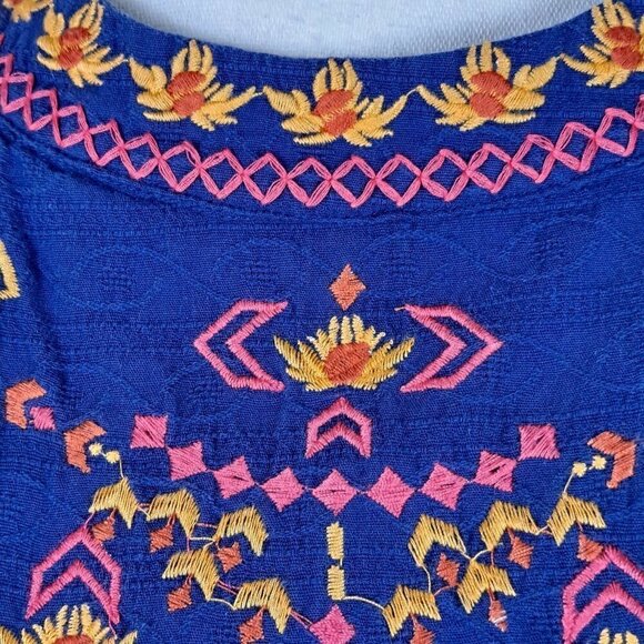 THML Size Medium Blue Cotton Halter Neck Shift Dress Embroidery Detail Boho - Picture 3 of 13